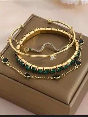 Gold Stackable Bracelet Set with Green Stones